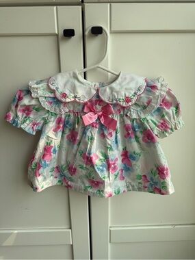 Vintage 12M Floral Baby Dress Peter Pan Collar Embroidered Bow Cottagecore
